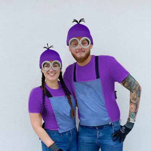 3 Pcs Halloween Costume Accessories Adult,Purple Beanie/Goggles Glasses/Gloves for Women Men Cosplay Party Set