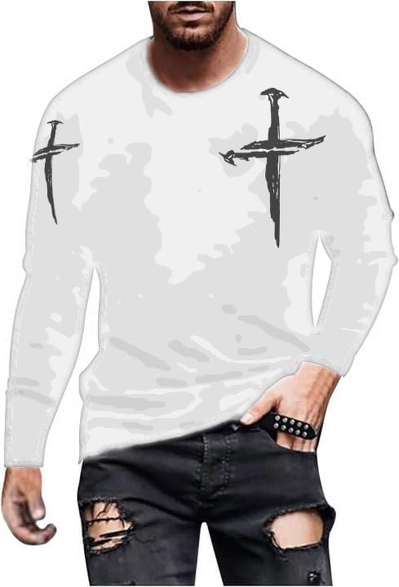 Mens Graphic T-Shirts - Jesus Cross Vintage Print | Casual Long Sleeve Crew Neck Christian Tops