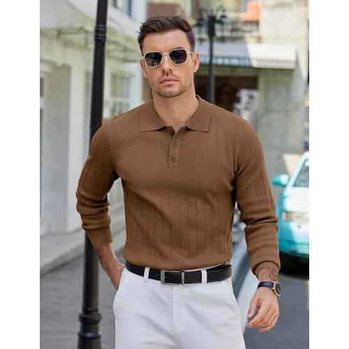 COOFANDY Mens Knit Polo Sweater Long Sleeve Polos Lightweight Casual Dress Pullover Sweaters