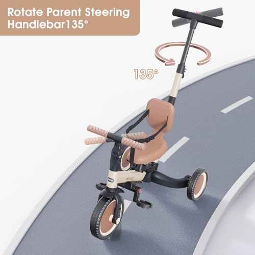 newyoo Toddler Tricycle with Push Handle for 1-3 Year Old, Toddler Bike, Birthday Gift and Toy for Boys and Girls, 5 in 1 Kids Trike, Balance Bike with Backrest and Safety Belt, Khaki, TR007