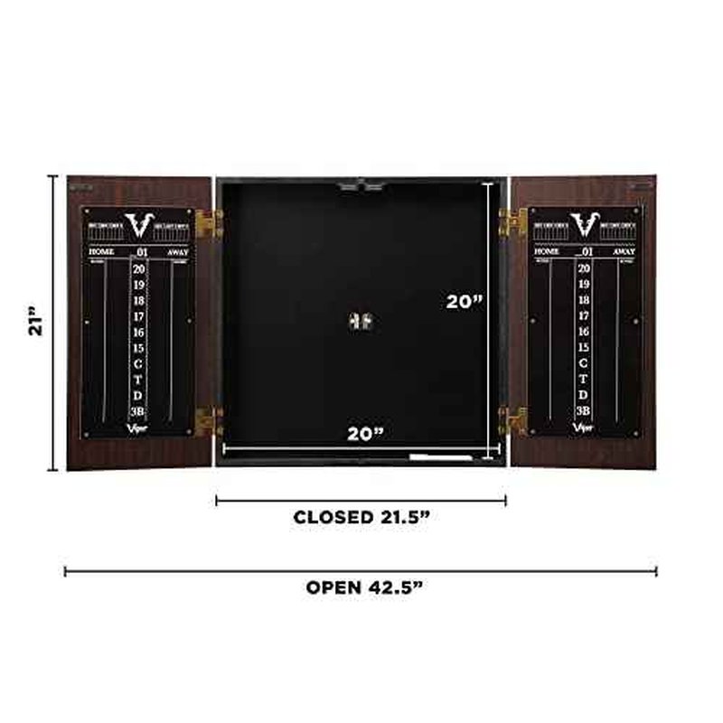 Viper Stadium Cabinet & Shot King Sisal/Bristle Dartboard Ready-to-Play Bundle with Two Sets of Steel-Tip Darts, Throw Line, and Dry Erase Scoreboards, Walnut Finish