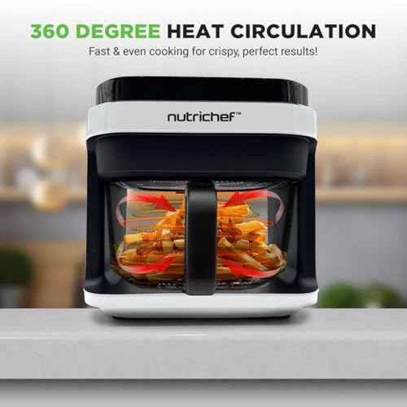 Nutrichef 5.8 Quart Air Fryer | 8-1 Preset Cook Modes | Transparent Fry Bowl for Best Cooking Results | Cook Shrimp, Steak, Fries, Wings, Chicken & More | Precise Temperature Control & Time | White
