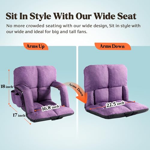 Wide Stadium Seats with Back Support, Bleacher Chairs with Comfy Cushion, 6 Reclining Positions, Portable Stadium Chair Bleacher Seat with Armrests for Outdoor Sport Events, Camping, Beaches (Purple)