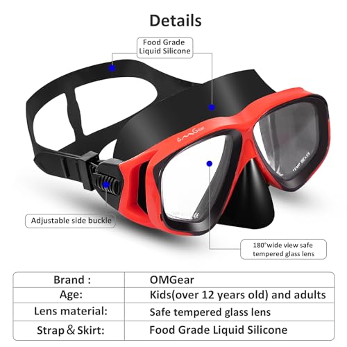 Children Dive Mask Two-Lens Swim Goggles with Nose UV Protection Recreation Tempered Glass Free Diving Goggles Snorkeling Mask (Red008)