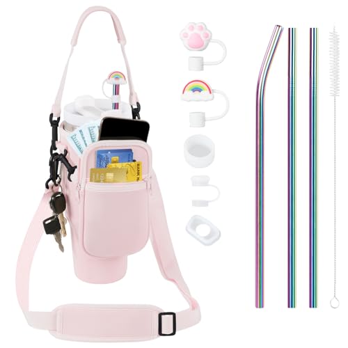 3 in 1 Water Bottle Carrier Bag with Pouch Pocket fits Stanley 40 oz Tumbler, Water Bottle Holder with Strap for Stanley Cup Accessories with Stainless Steel Straws, Straw Cover, Spill Proof Stoppers