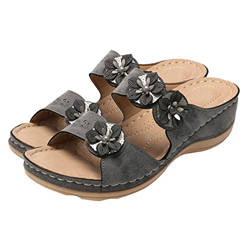 Shengsospp Womens Espadrilles Wedges Sandals Open Toe Slip On Strappy Flat Sandals with Elastic Ankle Strap Dressy Summer Walking Sandals 05_Grey, 5.5