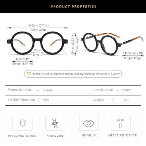 Gleyemor Retro Round Glasses for Men Women Vintage Circle Glasses Frames Costume Cosplay Eyeglasses Anti Blue Light Lens