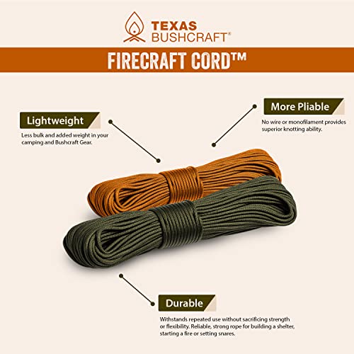 Texas Bushcraft Firecraft Cord - Utility Paracord Survival Rope, Parachute Cord for Survival Gear – 3 Extra Strands for Emergency Preparedness Fishing, Sewing and Tinder (Army Green, 25 ft)