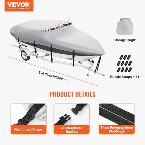 VEVOR Boat Cover 14-16 ft Trailerable Waterproof Boat Cover, 600D Marine Grade PU Oxford Bass Boat Cover, with Motor Cover and Buckle Straps, for V-Hull, Tri-Hull, Fish Ski Boat, Runabout, Grey