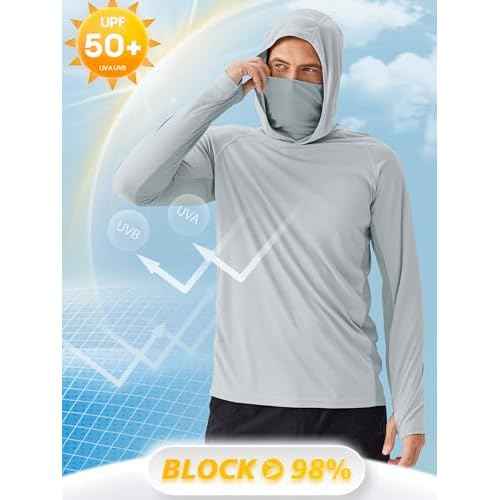 PINSPARK Men's Sun Protection Hoodie with Mask UPF 50+ UV Long Sleeve Shirt Men Rash Guard Performance Fishing Hiking Shirt