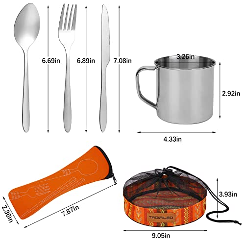 Camping Cutlery Set, 8 Piece Stainless Steel Cutlery Set Including Cutlery Spoons Mug Bowls & Plates Rags, Organizer Straps Easy to Carry for Backpacking, Camping, Hiking and Picnics (Bohemia)