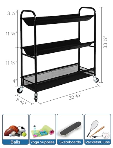 StorageWorks Sports Equipment Organizer with Hooks, Ball Rack Organizer with Wheels, 3-Shelf Ball Rack for Basketball, Football, Volleyball, Medium