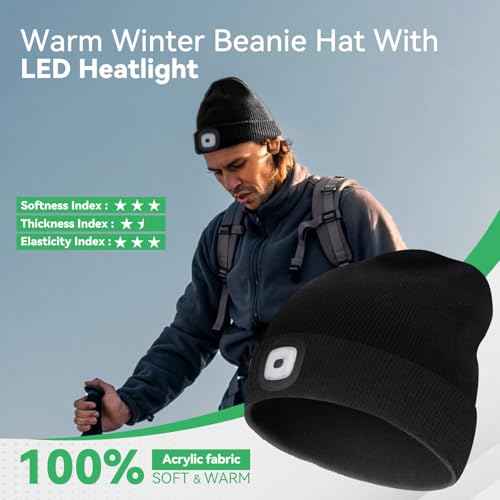 Gifts for Him, USB Rechargeable LED Headlamp Beanie, Birthday Gifts for Men, Cool Gadget Gifts for Women, Gifts for Men, Black