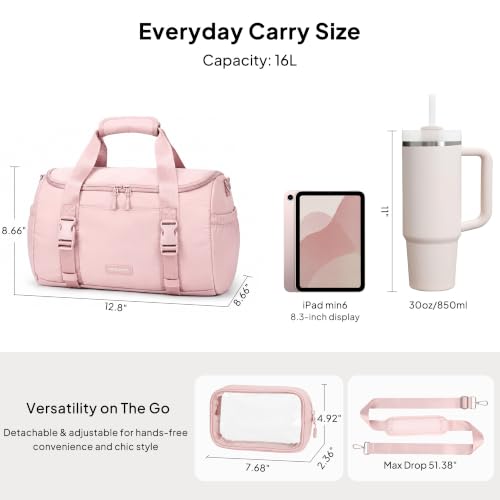 Pink Small Gym Bag with Yoga Mat Holder, Compact 16L Workout Duffle