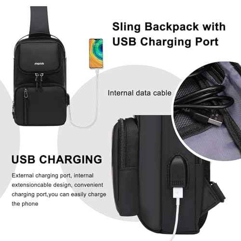MOSISO Sling Bag Crossbody Sling Backpack with USB Charging Port for Men, Small Chest Daypack Purse Crossbody Shoulder Bag with 2 Raised Pockets for Hiking Casual Travel Commuting, Black
