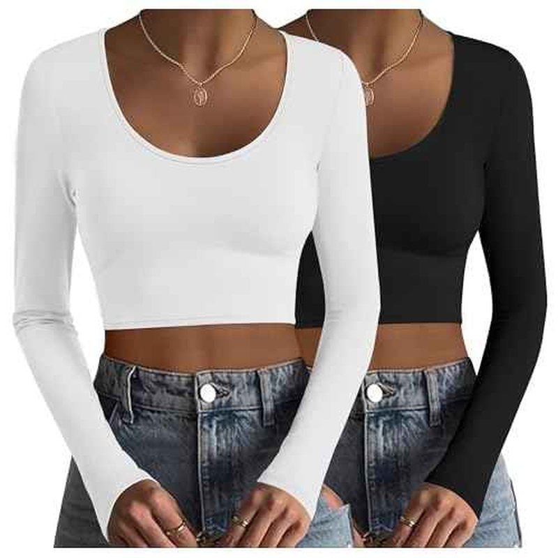 Ekouaer Long Sleeve Crop Tops for Women Scroop Neck Lightweight Basic Base Layer Thermal Undershirts Shirts