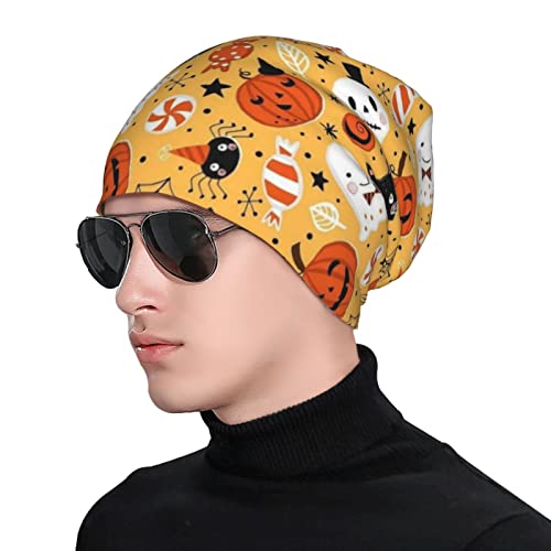 LAIPUTER Halloween Skull Pumpkin Beanie Standard Closed Chemo Hat Cancer Headwear Knitted Hats Baggy Slouchy Cap for Adults Women Men