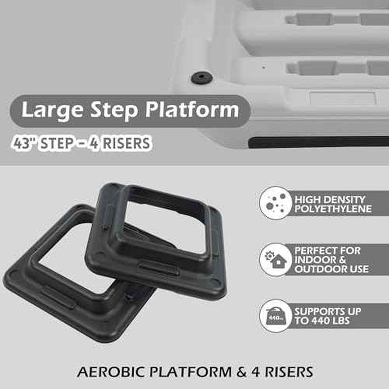 Fitvids Step Aerobic Stepper with 4 Stackable Risers, 43'' Aerobic Platform Adjustable Height 4"-6''-8'', Fitness Training Workout Stepper for Home Gym, Cardio Strength, Black and Gray