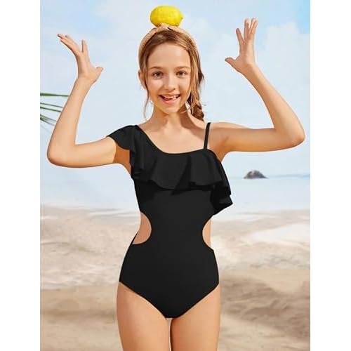 Girls One Piece Swimsuits Cut Out Swimsuit with Mesh Skirt Ruffle Girls Bathing Suit 9-16 Years Summer Beach Swimwear