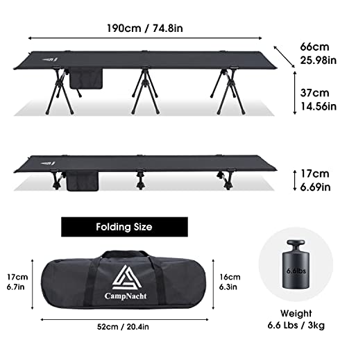 YOUGYM CAMPNACHT Ultralight Camping Cot with Leg Extenders, Aluminum Lightweight Folding Cot for Adults, Portable Backpacking Compact Tent Cot for Outdoor, Hiking, Black