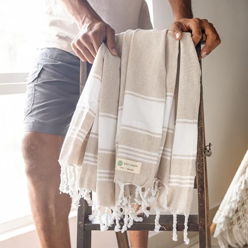 Salt Earth Cotton Turkish Beach Towel, Set of 2-36" X72" Large Bath Towels, Quick Dry Towel, Bathroom, Beach Essentials, Gym, Quick Dry for Shower, Lightweight Large Towels for All (Beige)