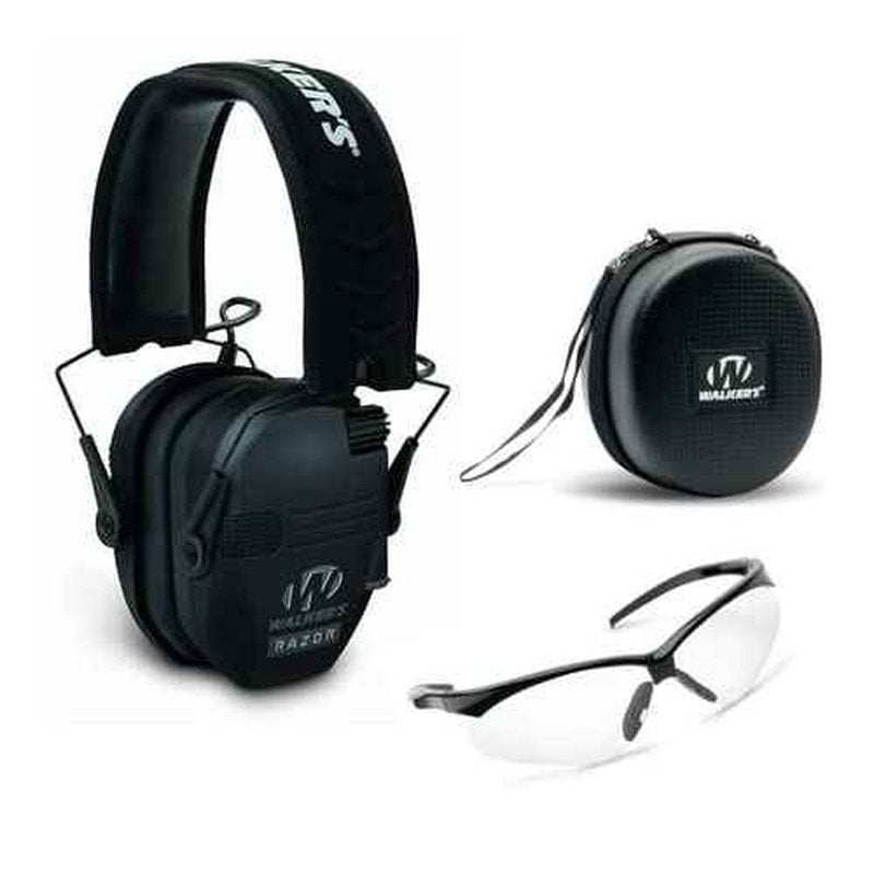 Walker's Razor Slim Electronic Muff with Case and Shooting Glasses (Black) Bundle (3 Items