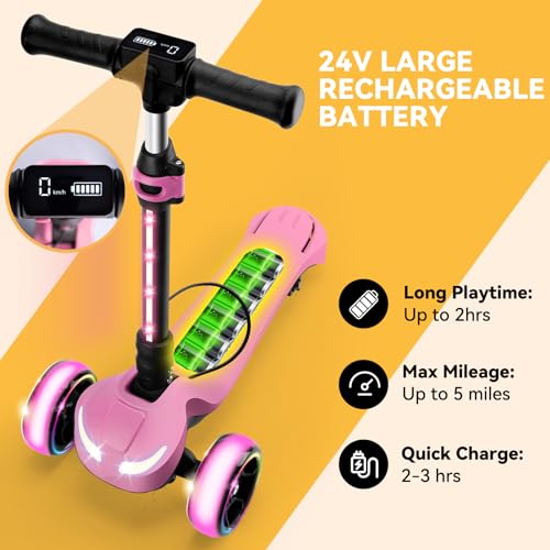 24V Electric Scooter for Kids w/150W Powerful Motor, Thumb Throttle, LCD Screen, Bluetooth, Light-Up Stem Deck & Wheels, 3 Adjustable Heights, 5MPH Safe Speed, 3 Wheel Electric Scooter for Kids, Pink