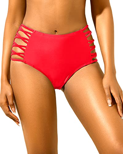 Holipick Women High Waisted Bikini Bottom Tummy Control Swim Bottom Strappy Bathing Suit Bottom Fluorescent Red L