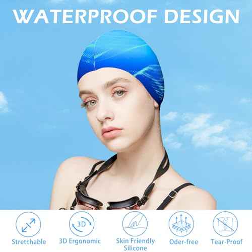 Swim Cap for Women Adult, Silicone Swimming Waterproof Bathing Cap Swimming Hat for Long Hair to Keep Hair Dry