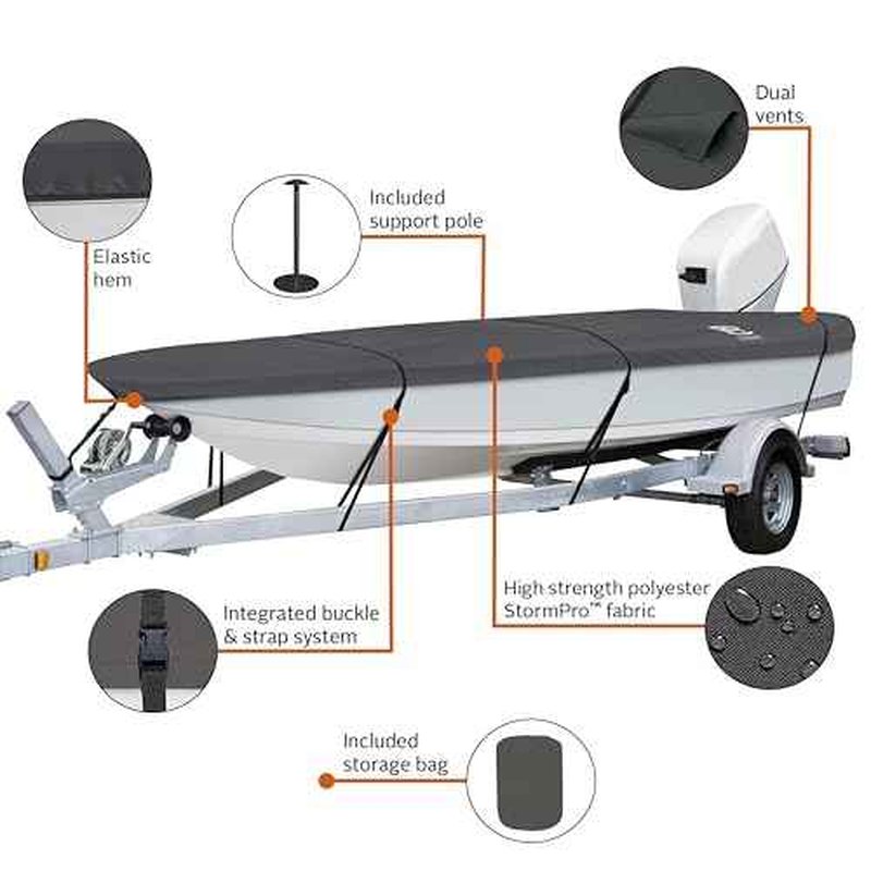 Classic Accessories StormPro Heavy-Duty Boat Cover, Fits Boats 12 ft - 14 ft Long x 68 in Wide