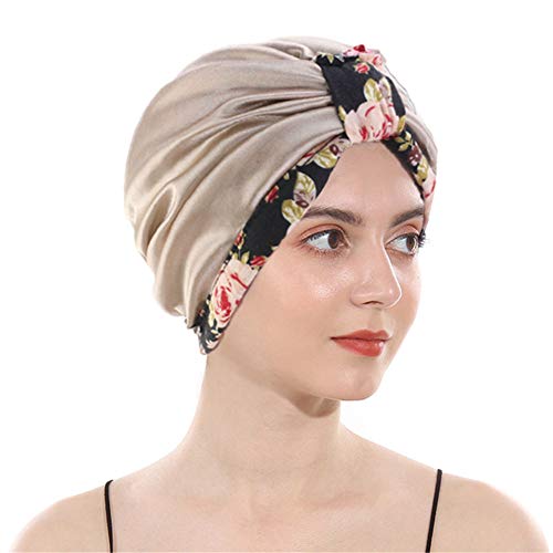 DuoZan Cotton Turbans Satin Liner Double-Layered Beanie Chemo Cap Sleep Bonnet Black …