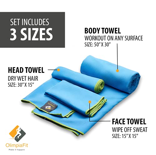 OlimpiaFit Quick Dry Towel - 3 Size Pack of Lightweight Microfiber Travel Towels w/Bag - Fast Drying Towel Set for Camping, Beach, Gym, Backpacking, Sports, Yoga & Swim Use﻿