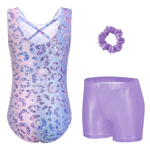Arshiner Girls 4-5T Purple Gradient Leopard Gymnastics Leotard & Sparkly Dance Shorts Set