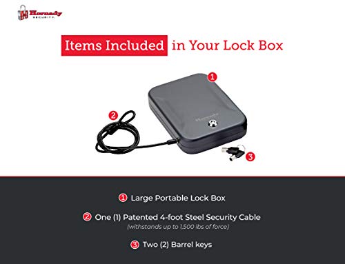 Hornady Portable Lock Box for Guns and Valuables - Includes 2 Keys and 4 Foot Steel Cable - Thick 16 Gauge Steel - An Ideal Portable Car Lock Box or Truck Safe - Large, Black, 9.5 x 6.5 x 1.75 Inches