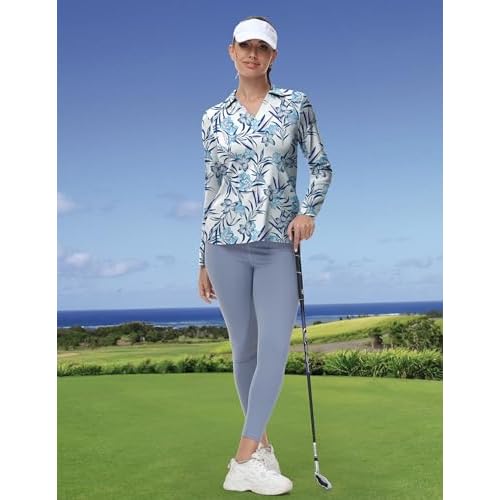 Women's Golf Polo Shirts Long Sleeve Workout Tops V Neck UPF 50+ Sun Protection Quick Dry Lightweight Active Shirts