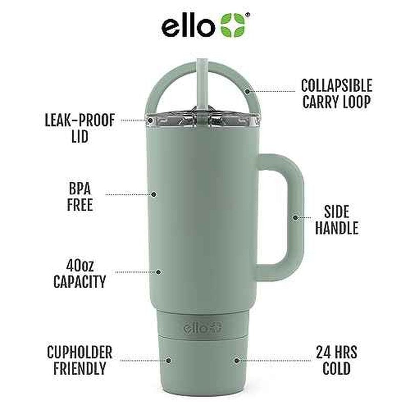 Ello Port 40oz Tumbler with Carry Loop & Integrated Handle, Vacuum Insulated Stainless Steel Reusable Water Bottle, Travel Mug with Leak Proof Lid & Straw, Perfect for Iced Coffee & Tea, Matcha