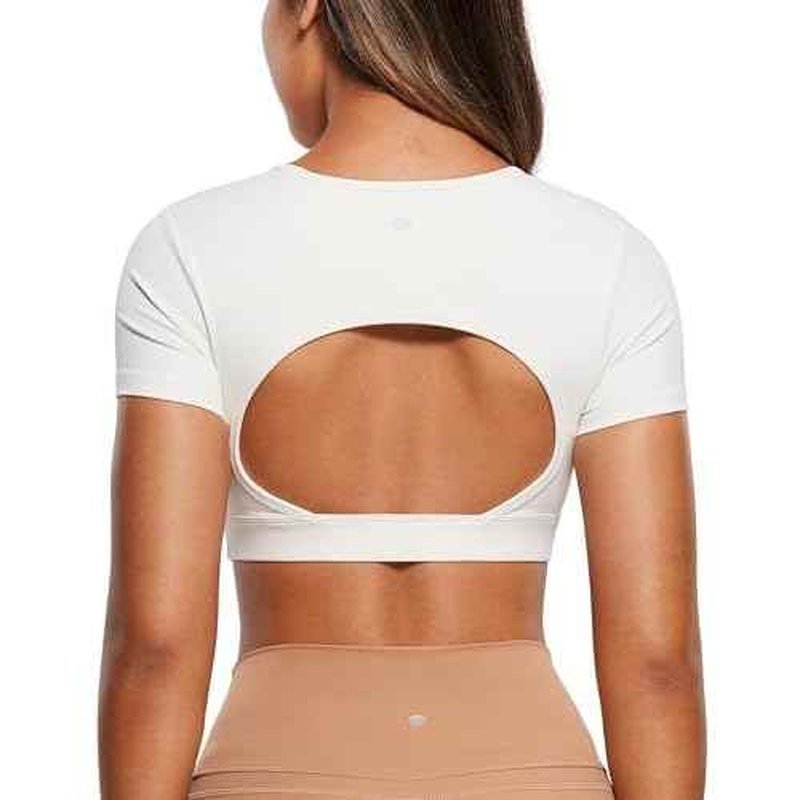 CRZ YOGA Womens Butterluxe Double Lined Open Back Crop Tops Backless Short Sleeve Workout Shirts Casual Tight T-Shirts