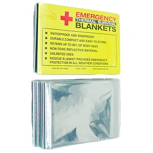 Rawyer Emergency Thermal Survival Blankets (10 Pack), Mylar Blankets for Outdoor, Camping, Hiking, Harsh Weather, Large Silver Thermal Sheets, Heavy Duty Survival Gear (10, 84x52)