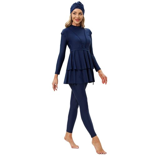 OBEEII Womens Muslim Swimsuits Full Coverage Long Sleeve Swimwear Burkini Hijab Bathing Suit Blue