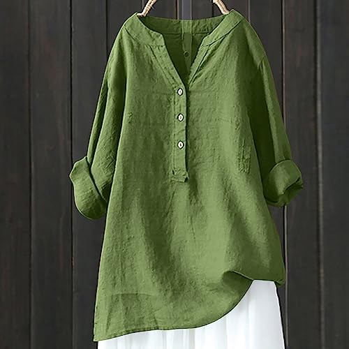 Generic Lightning Deals of Today Prime Knit Tops for Women Linen 3/4 Sleeve Womens Button Down Shirts Dressy Casual Blouse Womens v Neck Long Sleeve t Shirts Womens Summer Fashion Green-4 S