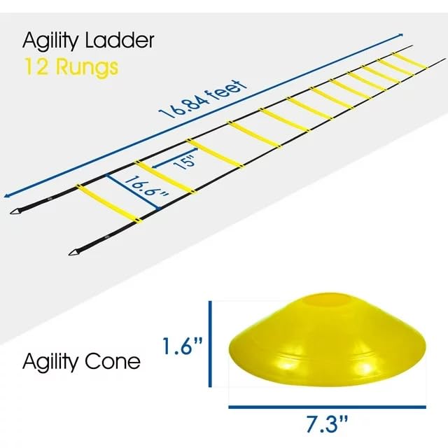 Yes4All Ultimate Combo Agility Ladder Training (Yellow) Set – Speed Agility Ladder Yellow 12 Adjustable Rungs, 12 Agility Cones & 4 Steel Stakes - Included Carry Bag