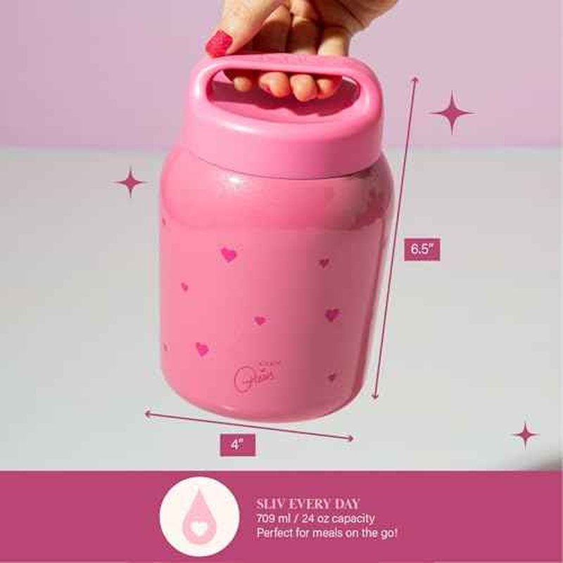 Paris Hilton Stainless Steel Food Jar, Double Wall Vacuum Sealed Insulated Food Storage Container with Carry Handle Lid, 24-Ounce, Pink with Heart Design