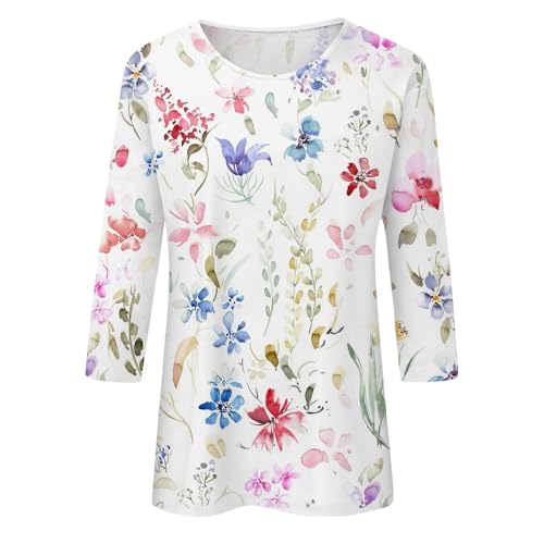 3/4 Sleeve Tops for Women 2024 Summer Shirts V Neck Floral Tshirts Button Peasant Blouses Loose Graphic Tees T-Shirts, Tshirts Shirts for Women Trendy, Plus Size Tops for Women