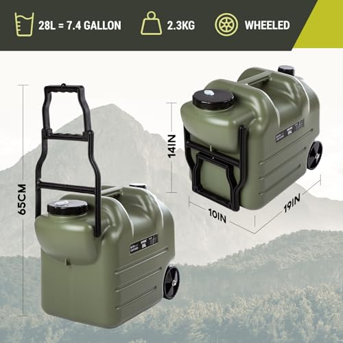 7.4 Gallon Water Jug with Wheels & Folding Handle, Portable Water Container, GIGYES Rolling Wheel Water Storage Tank for Hiking Camping