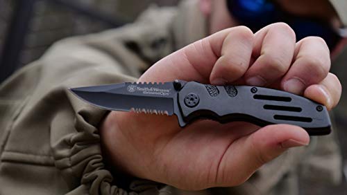 Smith & Wesson Accessories Extreme Ops SWA24S 7.1in S.S. Folding Knife with 3.1in Serrated Clip Point Blade and Aluminum Handle for Outdoor, Tactical, Survival and EDC