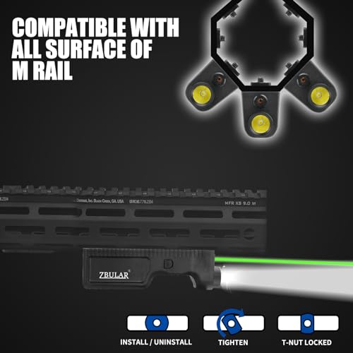 ZBULAR Strobe Function 1000 Lumens Light Laser Combo Compatible with M-Lok Rail Surface,Tactical Flashlight and Green Laser Sight for Rifle,USB-C Rechargeable IIIA Class Laser Power Output ≤5mW