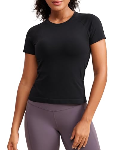 CRZ YOGA Seamless Short Sleeve Shirts for Women Breathable Running Workout Tops Athletic Gym Yoga Basic T-shirts Black XX-Small