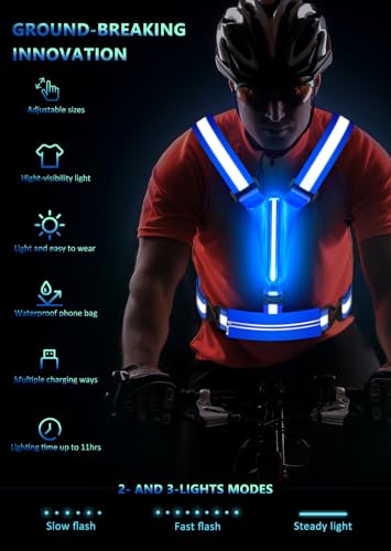 Ylzzrs LED Reflective Vest Running Gear, USB Rechargeable Light Up Running Vest Chest Phone Holder for Runners Night Walking,6-11hrs Light Adjustable Waist/Shoulder for Women Men Kids (Black)