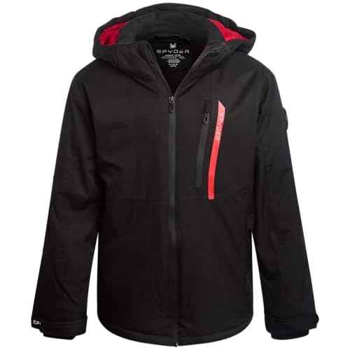 Spyder Boys Winter Ski Jacket - Insulated Soft Shell Water Resistant and Windproof Snowboard Winter Coat with Detachable Hood, Size 10-12, Black