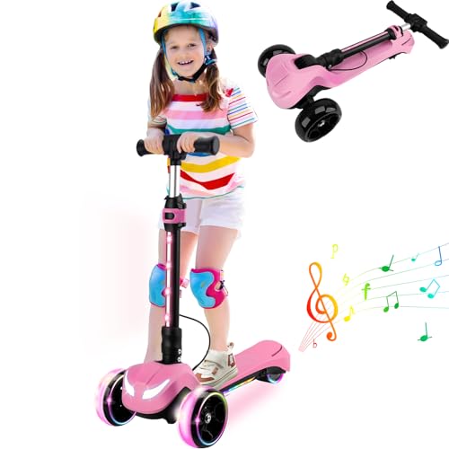 24V Electric Scooter for Kids w/150W Powerful Motor, Thumb Throttle, LCD Screen, Bluetooth, Light-Up Stem Deck & Wheels, 3 Adjustable Heights, 5MPH Safe Speed, 3 Wheel Electric Scooter for Kids, Pink